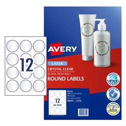 Avery Crystal Clear Labels L7114 60mm Round Clear 12UP 120 Labels 10 Sheets