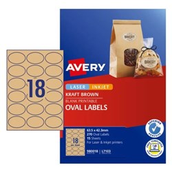 Avery Blank Printable Labels L7103 63.5 x 42.3mm Oval Kraft Brown 18UP 270 Labels 15 Sheet